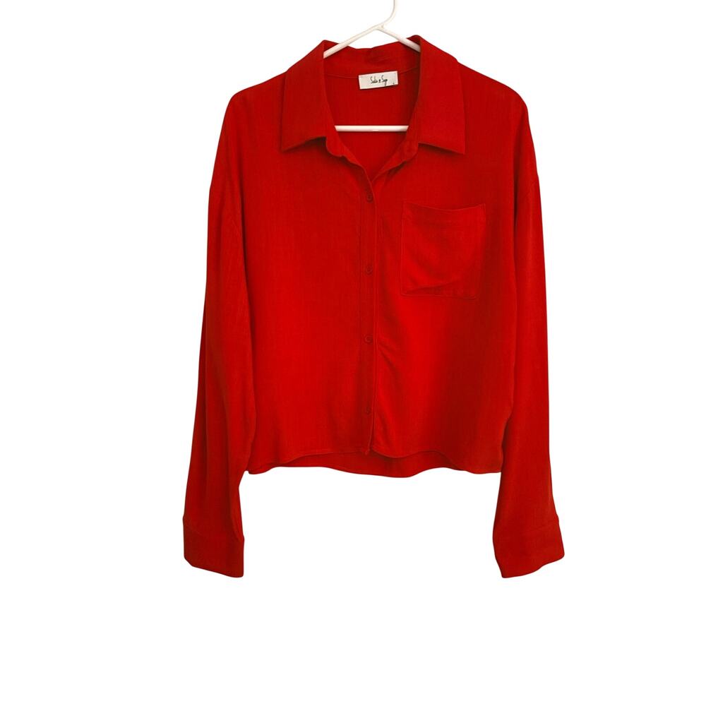 Sadie & Sage Sugarloaf Loose Red Linen Button Down Shirt Cropped Large Coastal